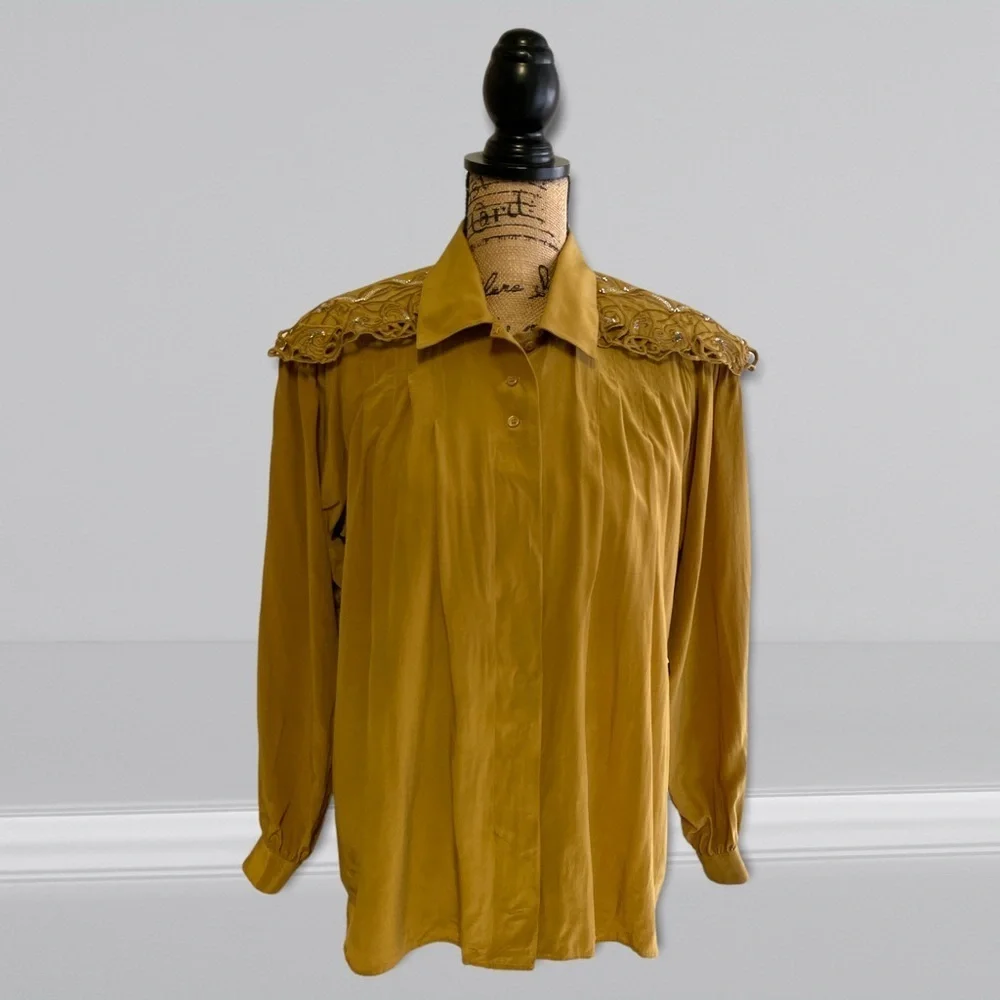 Le Painty Paris Pure Silk Shirt Embroidery Silk Top Office Wear Embellished